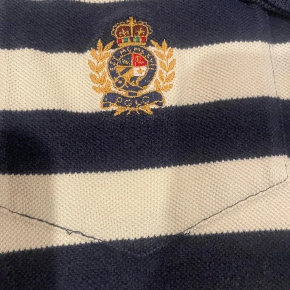 Polo Ralph Lauren Navy and Cream Striped The Big Shirt Polo Size XL With Crest - Picture 3 of 9